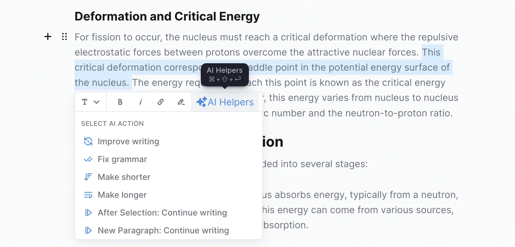 picture of writing assistant with AI menu open